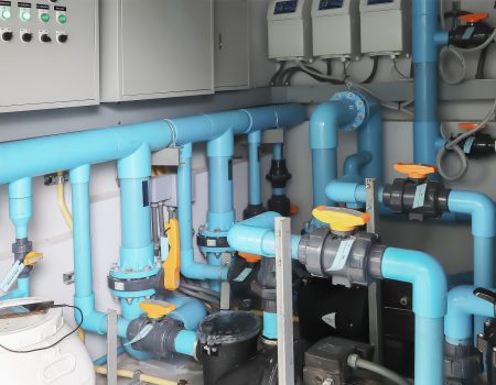 Image background of inside mechanical room of pipeline system for swimming pool.